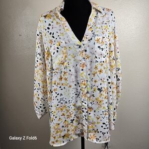 IZ‎ Byer Floral Button Front Blouse Size 2X Yellow Pink White Spring Top